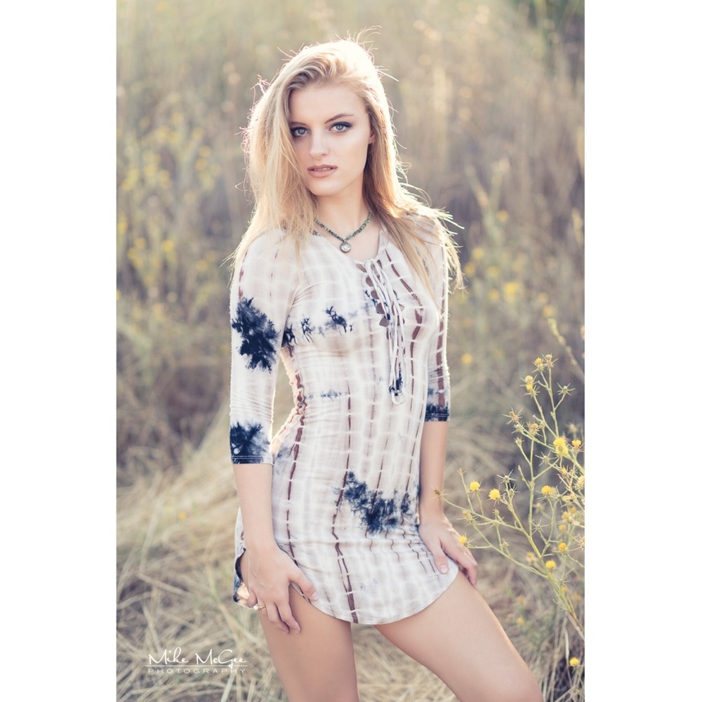 Three quarter sleeve lace front tyedye mini dress